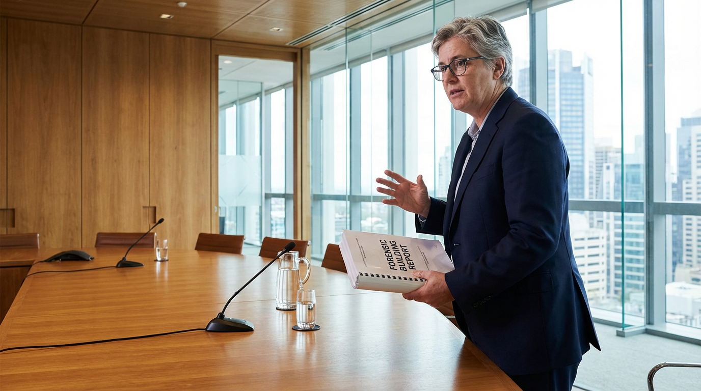 Expert witness presenting forensic building report in a courtroom conference setting