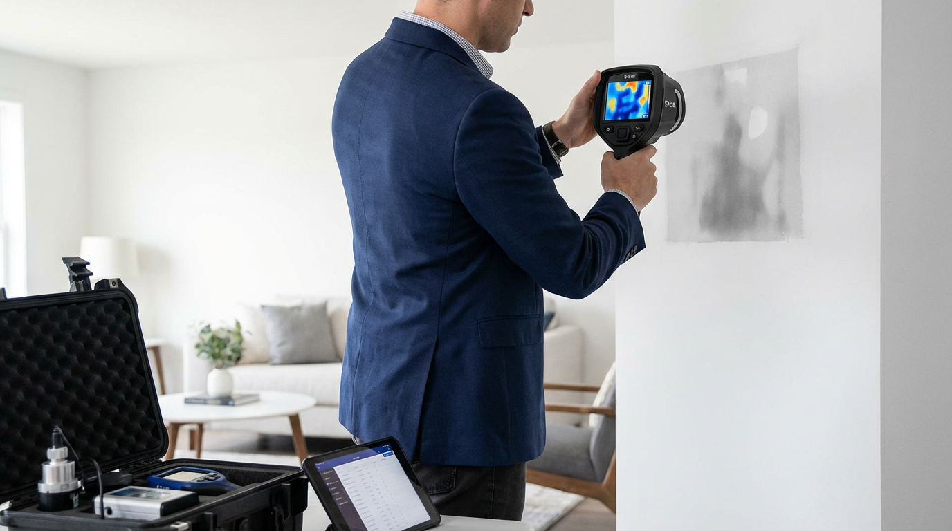 Forensic building investigator using FLIR thermal imaging camera to map moisture in a Southampton property