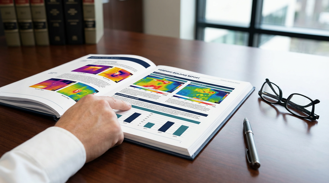 Forensic building report with thermal images and moisture data being reviewed for an insurance dispute