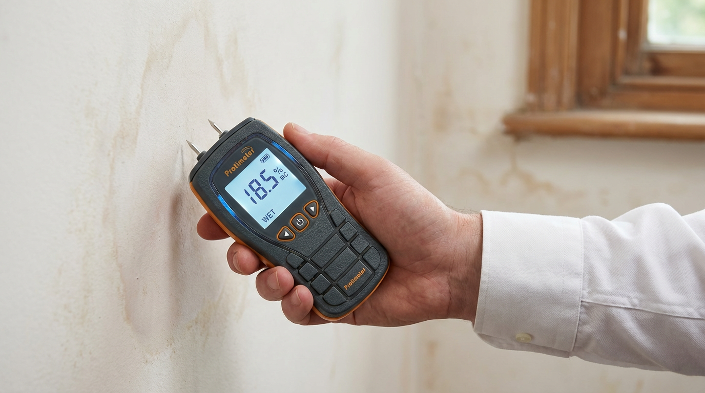 Protimeter moisture meter measuring damp in a wall during an independent damp survey in Southampton